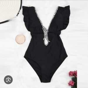 Black Ruffled One-Piece Swimsuit with Leopard Trim